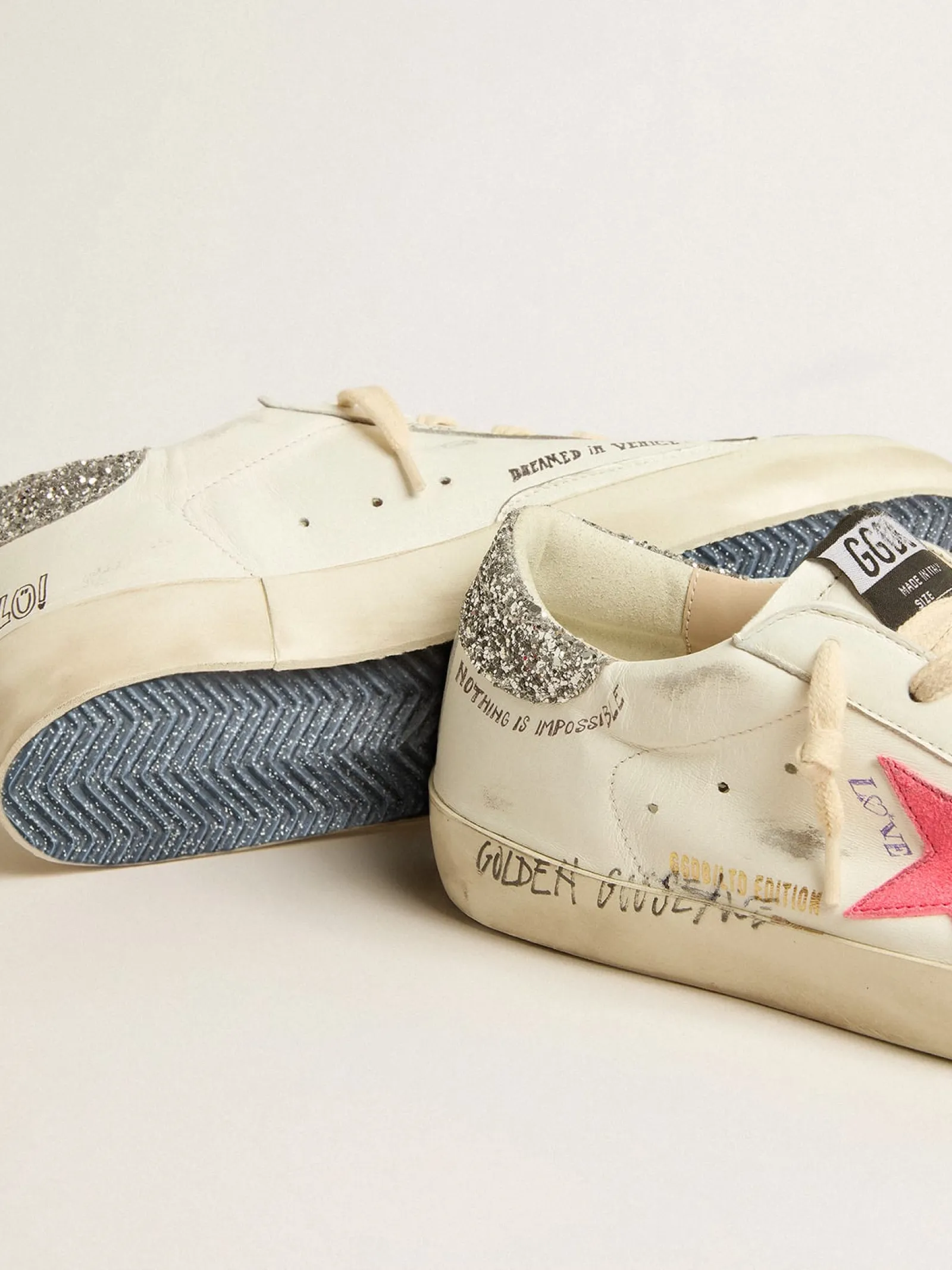 Flash Sale Golden Goose Super-Star LTD com estrela de suede cor lagosta fluorescente e talão de glitter Cabedal de napa branca