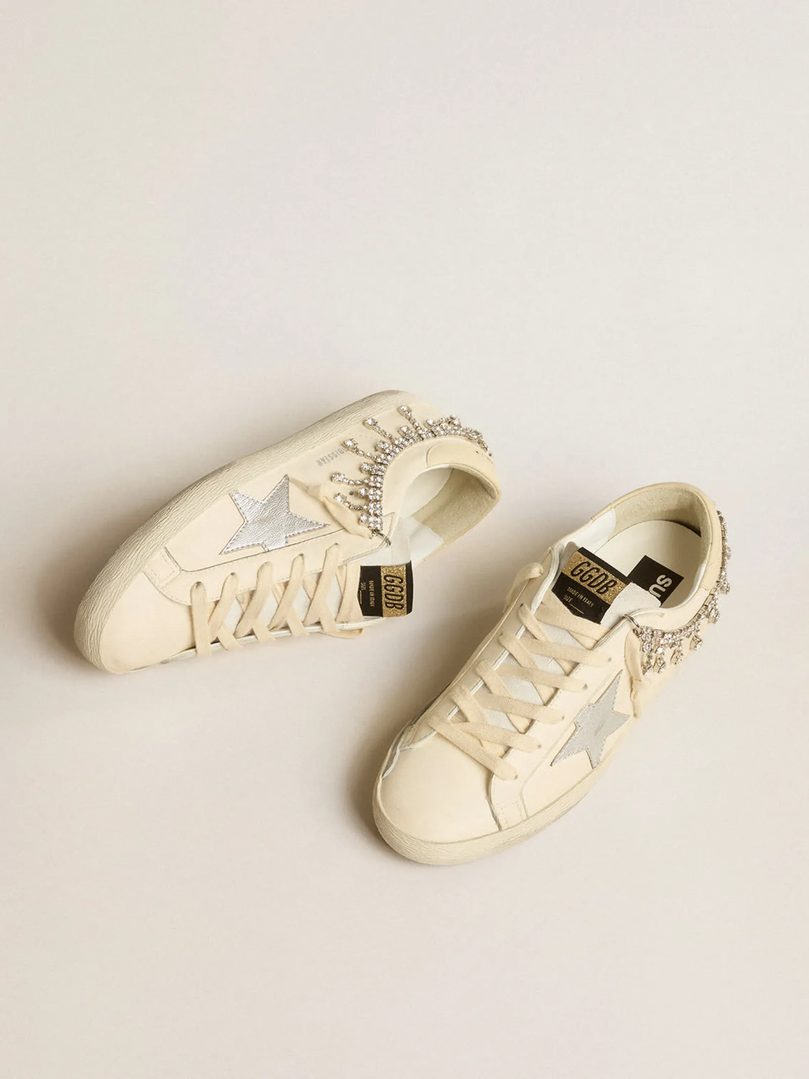 New Golden Goose Super-Star LTD de napa com estrela de couro metálico e strass prateado Cabedal de napa branco sujo