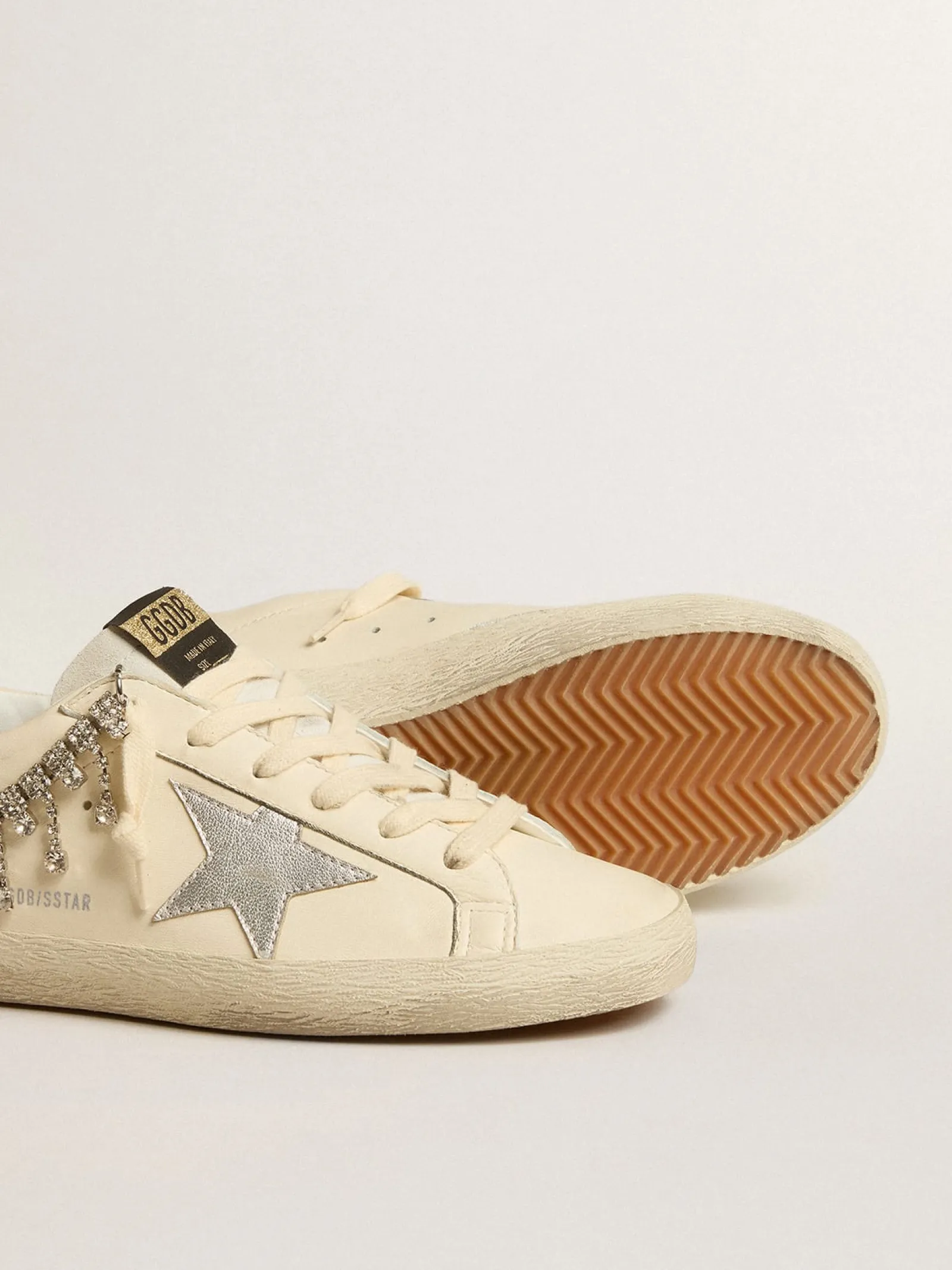 New Golden Goose Super-Star LTD de napa com estrela de couro metálico e strass prateado Cabedal de napa branco sujo