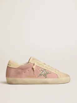 Fashion Golden Goose Super-Star LTD de suede rosa e pérola com estrela de glitter platinado Cabedal de suede rosa antigo e cor de pérola