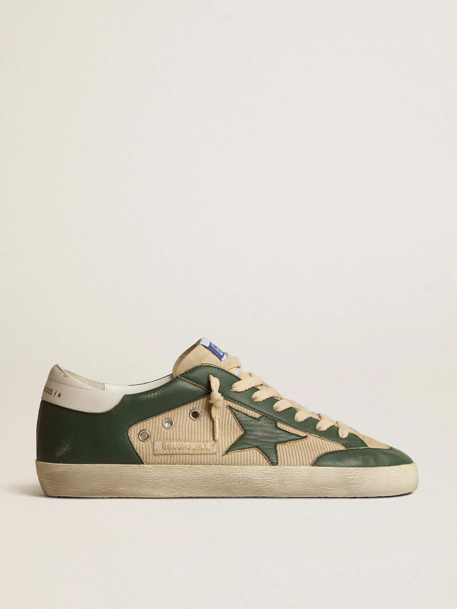 Best Sale Golden Goose Super-Star LTD de tela creme e napa verde com estrela de napa Cabedal de tela creme