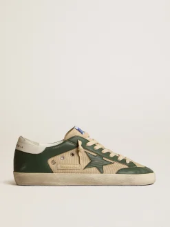 Best Sale Golden Goose Super-Star LTD de tela creme e napa verde com estrela de napa Cabedal de tela creme