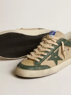 Best Sale Golden Goose Super-Star LTD de tela creme e napa verde com estrela de napa Cabedal de tela creme