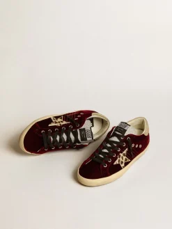 Hot Golden Goose Super-Star LTD de veludo com estrela de couro cavalinho e lingueta de glitter Cabedal de veludo vermelho rubi