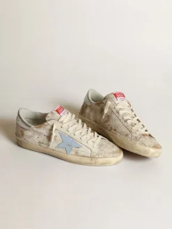Best Golden Goose Super-Star masculino com estrela de couro azul fumê e talão prateado Cabedal de couro brilhante branco com efeito arranhado