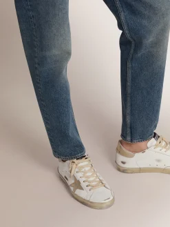 Store Golden Goose Super-Star masculino com reforço dourado brilhante e inscrições Cabedal: 100% couro bovino