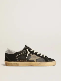 Cheap Golden Goose Super-Star Masculino de couro e suede pretos com tachas prateadas Cabedal de couro e suede pretos