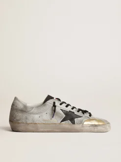 Flash Sale Golden Goose Super-Star Masculino LAB com estampa floral e estrela de couro preto Cabedal de suede branco com estampa floreal