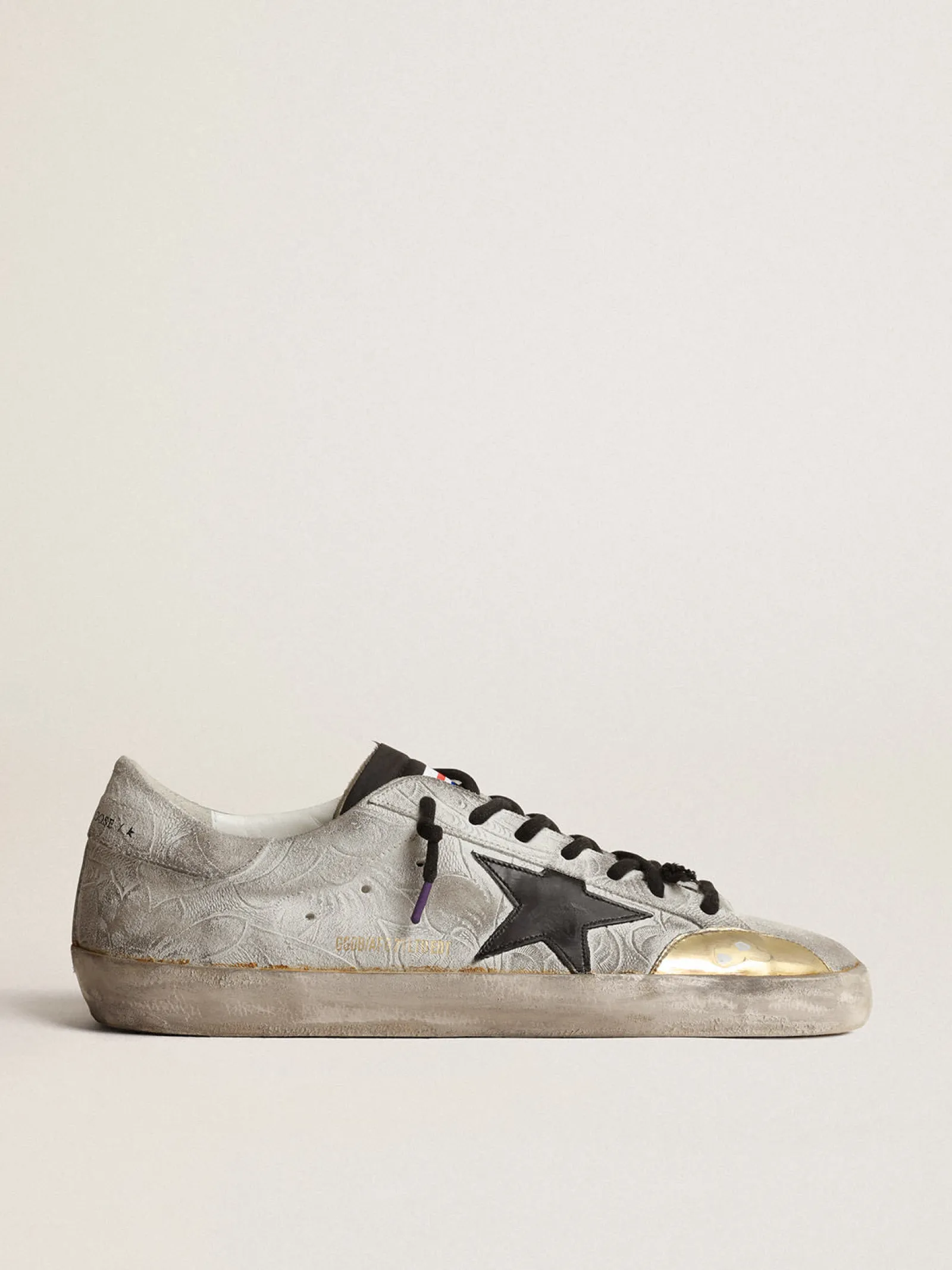 Flash Sale Golden Goose Super-Star Masculino LAB com estampa floral e estrela de couro preto Cabedal de suede branco com estampa floreal
