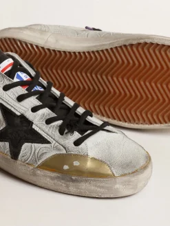 Flash Sale Golden Goose Super-Star Masculino LAB com estampa floral e estrela de couro preto Cabedal de suede branco com estampa floreal