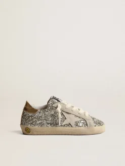 Clearance Golden Goose Super-Star Young de glitter com estrela de suede e talão dourado Cabedal de glitter platina