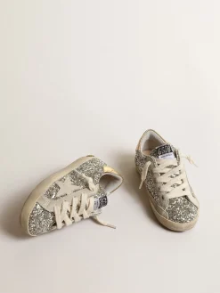 Clearance Golden Goose Super-Star Young de glitter com estrela de suede e talão dourado Cabedal de glitter platina