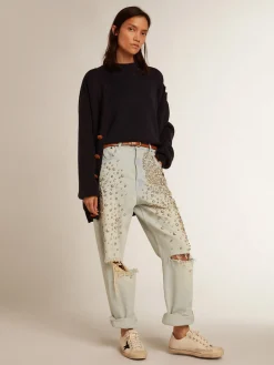 Outlet Golden Goose Suéter de gola redonda feminino de algodão azul-escuro Golden Collection
