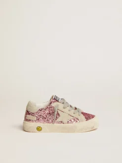Sale Golden Goose Tênis May de glitter rosa com estrela e talão de suede cinza gelo Cabedal de glitter rosa