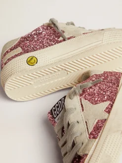 Sale Golden Goose Tênis May de glitter rosa com estrela e talão de suede cinza gelo Cabedal de glitter rosa