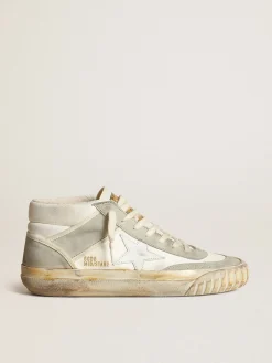 Fashion Golden Goose Tênis Mid Star feminino com inserções de suede cinza-gelo e estrela de couro branco Cabedal de napa branca