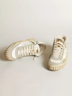 Fashion Golden Goose Tênis Mid Star feminino com inserções de suede cinza-gelo e estrela de couro branco Cabedal de napa branca