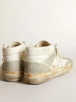 Fashion Golden Goose Tênis Mid Star feminino com inserções de suede cinza-gelo e estrela de couro branco Cabedal de napa branca