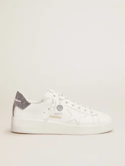 Discount Golden Goose Tênis Purestar de couro branco com talão de cristais prateados Cor: branco e prata