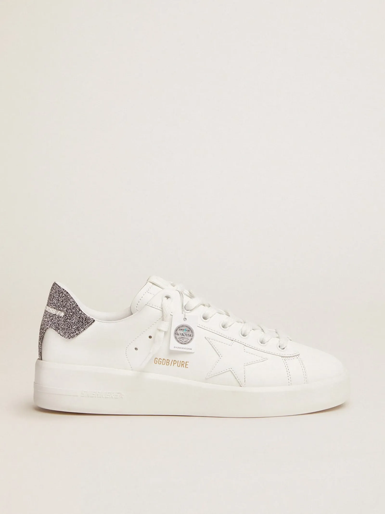 Discount Golden Goose Tênis Purestar de couro branco com talão de cristais prateados Cor: branco e prata