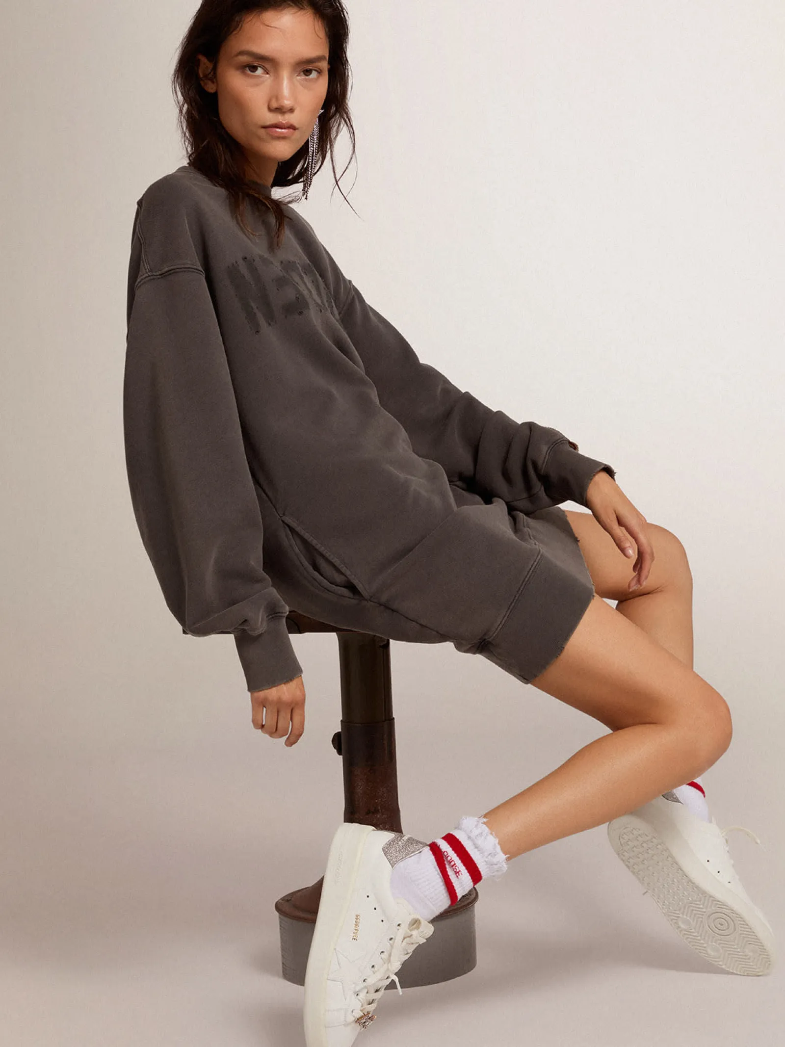 Discount Golden Goose Tênis Purestar de couro branco com talão de cristais prateados Cor: branco e prata