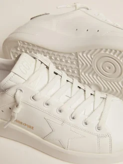 Discount Golden Goose Tênis Purestar de couro branco com talão de cristais prateados Cor: branco e prata