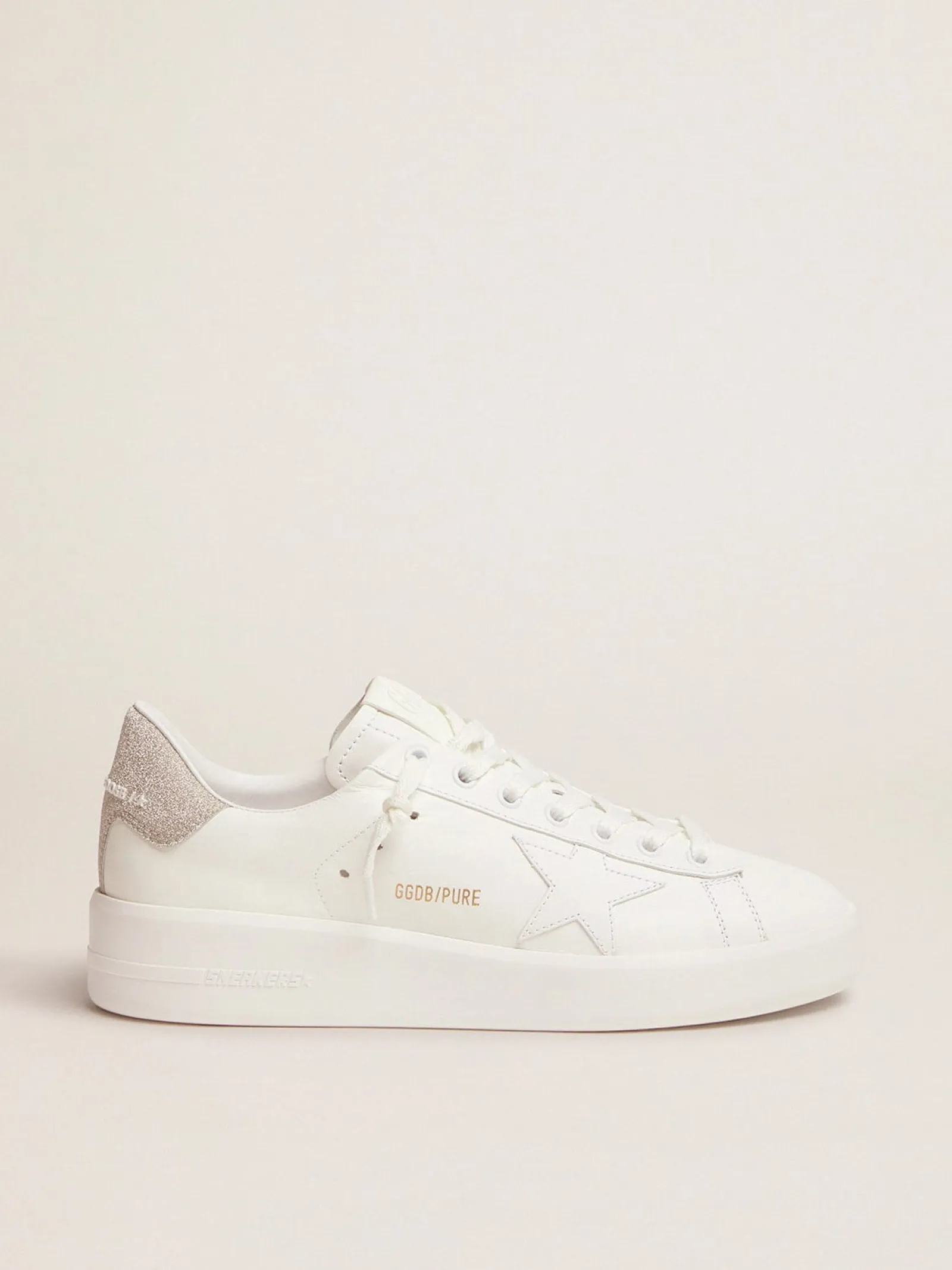 Cheap Golden Goose Tênis Purestar de couro branco e talão com glitter champanhe Cor: branco e champanhe