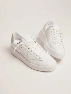 Cheap Golden Goose Tênis Purestar de couro branco e talão com glitter champanhe Cor: branco e champanhe