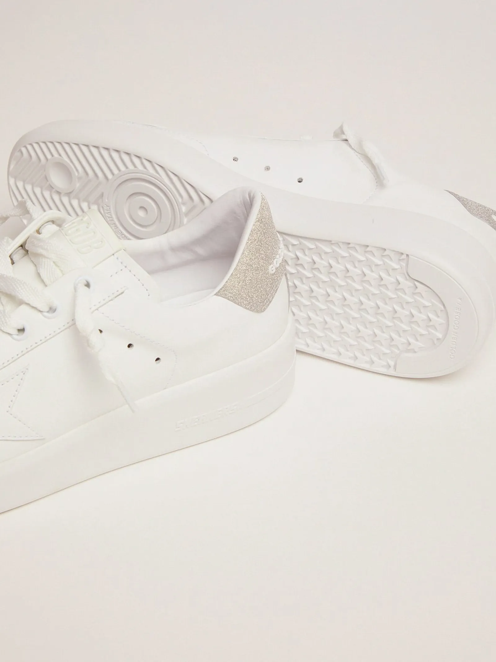 Cheap Golden Goose Tênis Purestar de couro branco e talão com glitter champanhe Cor: branco e champanhe