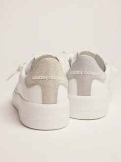 Cheap Golden Goose Tênis Purestar de couro branco e talão com glitter champanhe Cor: branco e champanhe