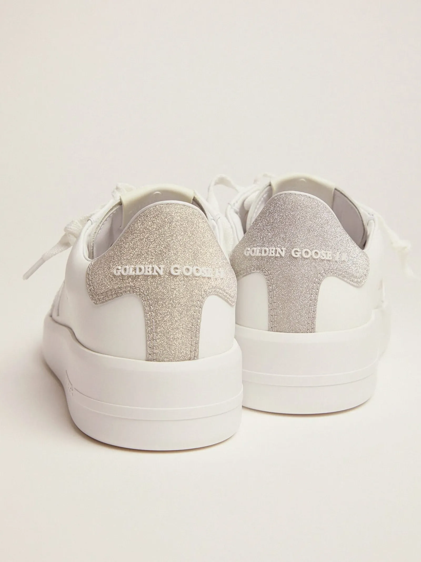 Cheap Golden Goose Tênis Purestar de couro branco e talão com glitter champanhe Cor: branco e champanhe