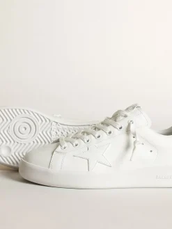 Best Golden Goose Tênis Purestar de couro branco com estrela tom sobre tom e talão com cristais Swarovski pretos Cor: branco
