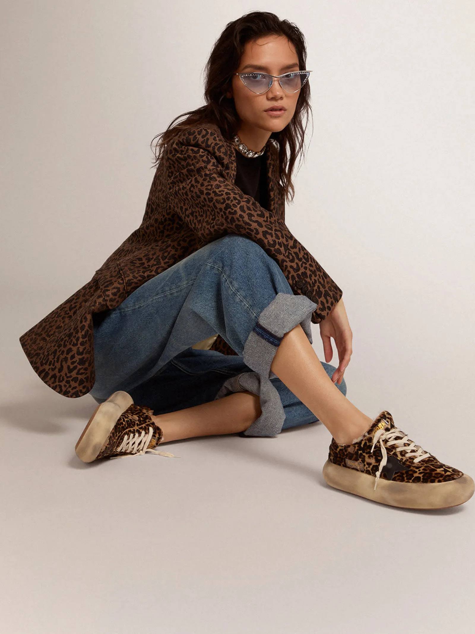 Clearance Golden Goose Tênis Space-Star de couro cavalinho com estampa animal print e forro de shearling Cabedal de couro cavalinho com estampa animal print