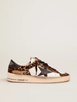 Fashion Golden Goose Tênis Stardan de couro cavalinho com estampa de leopardo e estrela preta Cabedal de couro cavalinho com estampa de leopardo e couro branco