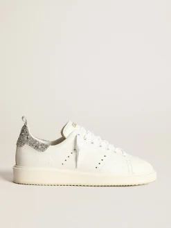 Fashion Golden Goose Tênis Starter em couro branco com talão de glitter prateado Cor: branco