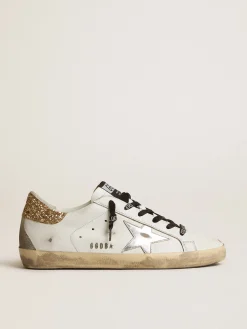 Online Golden Goose Tênis Super-Star branco de couro com talão de glitter Cabedal branco de couro