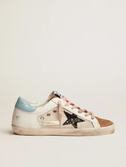 Cheap Golden Goose Tênis Super-Star de tela cinza claro e couro branco com estrela de glitter preto Cabedal de tela cinza claro e couro branco
