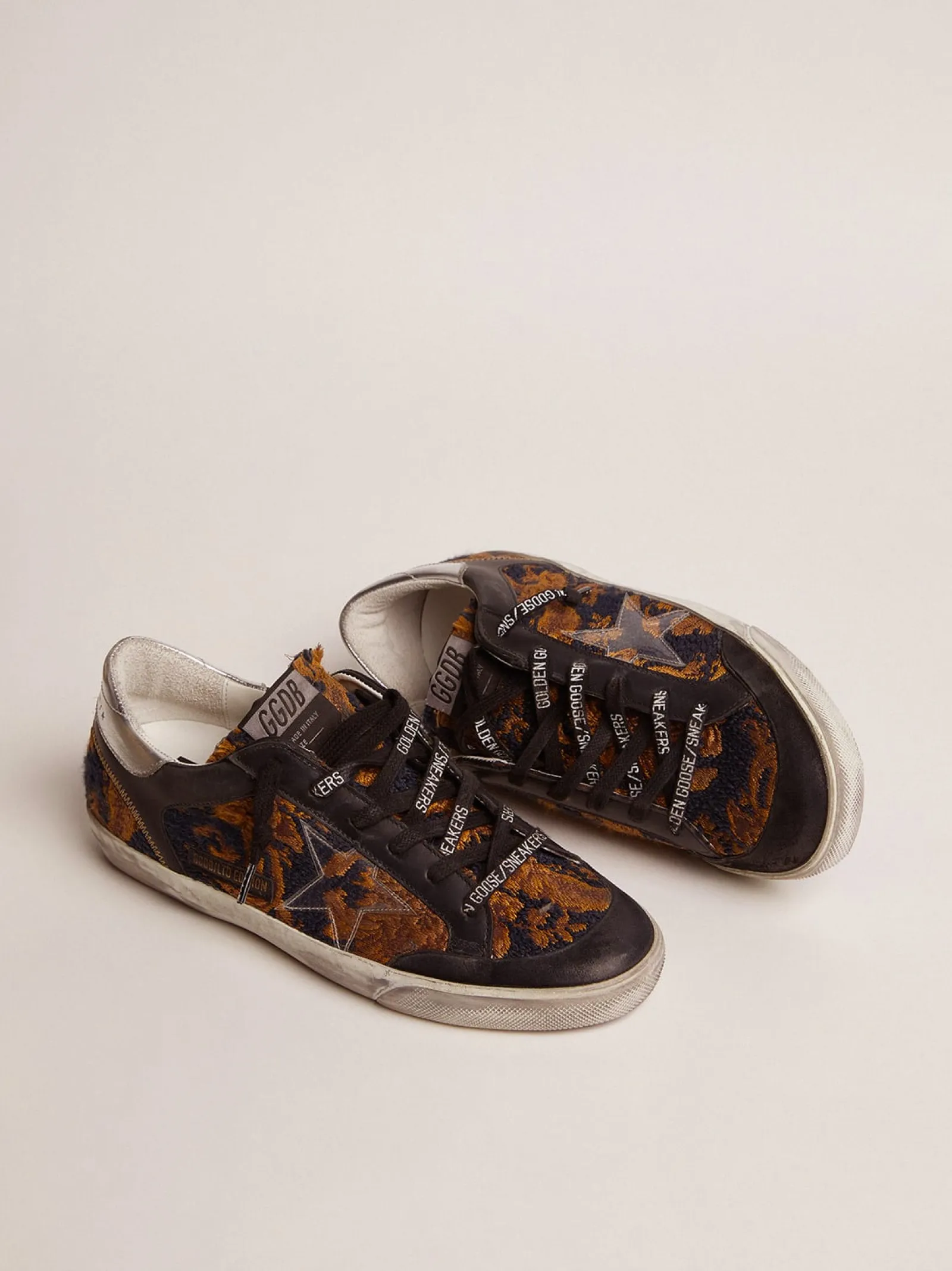 Online Golden Goose Tênis Super-Star feminino Penstar LAB de jacquard brocado e estrela de PVC Cabedal de jacquard brocado