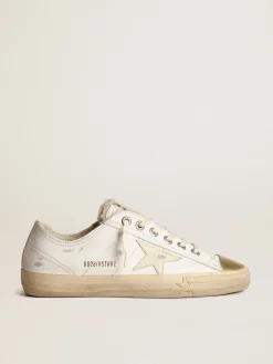 Best Golden Goose Tênis V-Star com estrela de couro e forro de shearling bege Cor: branco