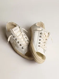 Best Golden Goose Tênis V-Star com estrela de couro e forro de shearling bege Cor: branco