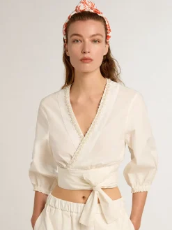 Cheap Golden Goose Top cropped de algodão com bordado de pérolas Coleção Resort