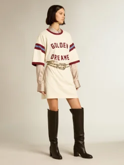 Discount Golden Goose Vestido branco feminina com escrita bordô na frente Coleção Journey
