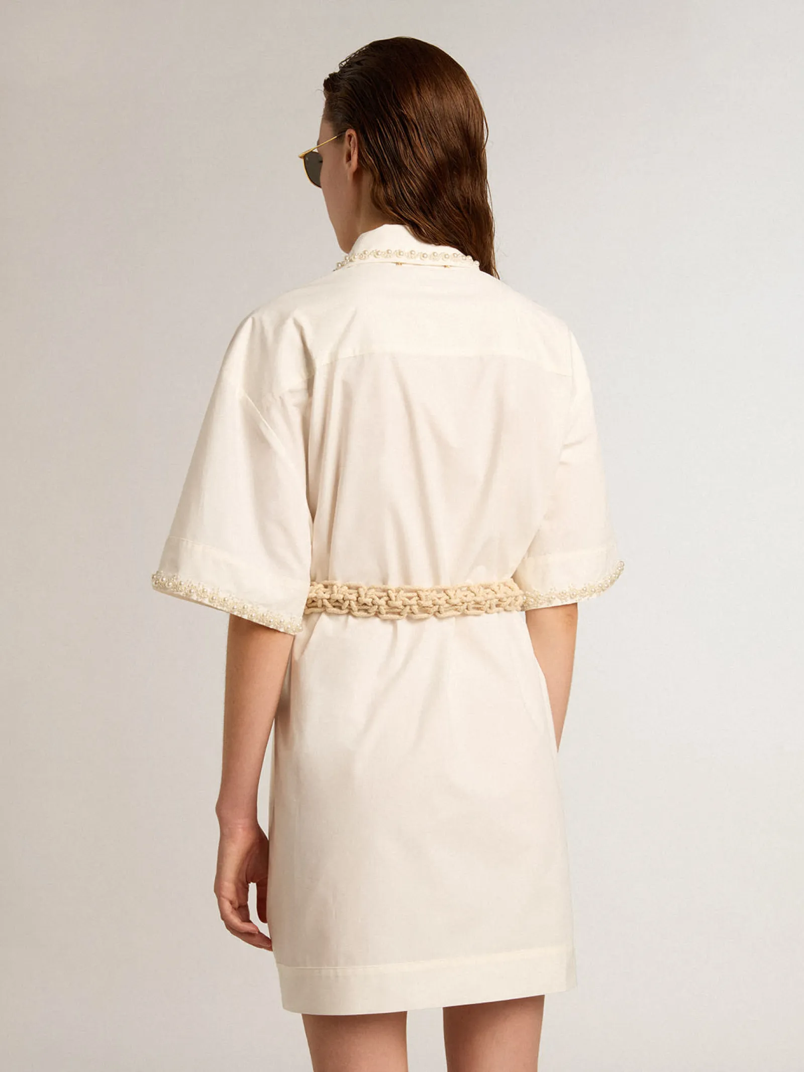 Cheap Golden Goose Vestido chemise de algodão com pérolas bordadas Coleção Resort