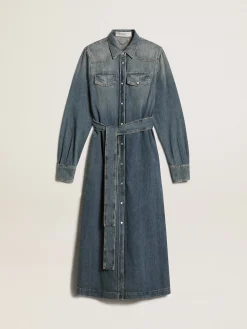Hot Golden Goose Vestido chemise de jeans feminino com cinto Cor: azul