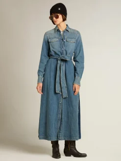 Hot Golden Goose Vestido chemise de jeans feminino com cinto Cor: azul