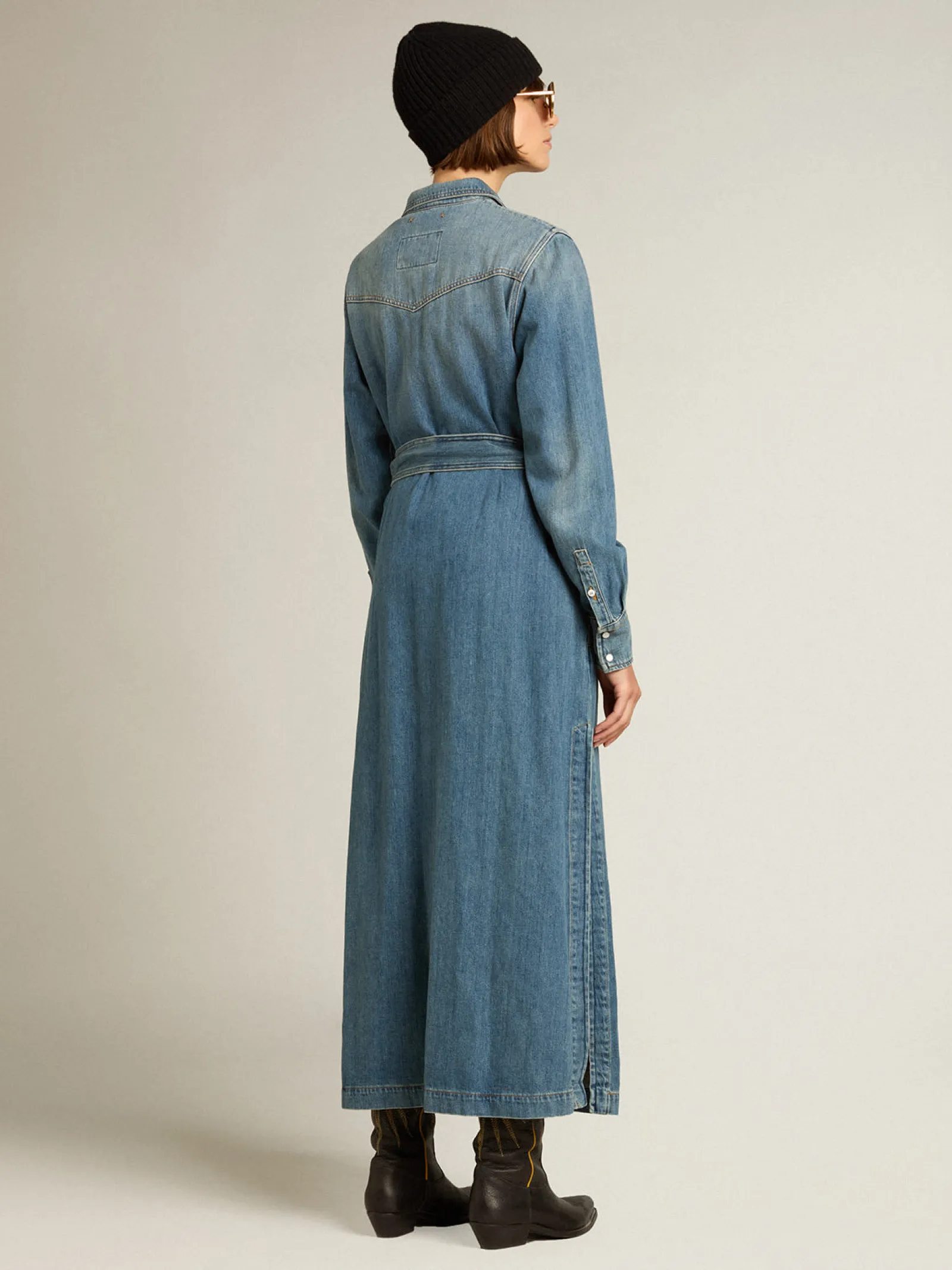 Hot Golden Goose Vestido chemise de jeans feminino com cinto Cor: azul