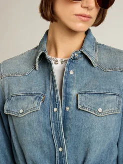 Hot Golden Goose Vestido chemise de jeans feminino com cinto Cor: azul