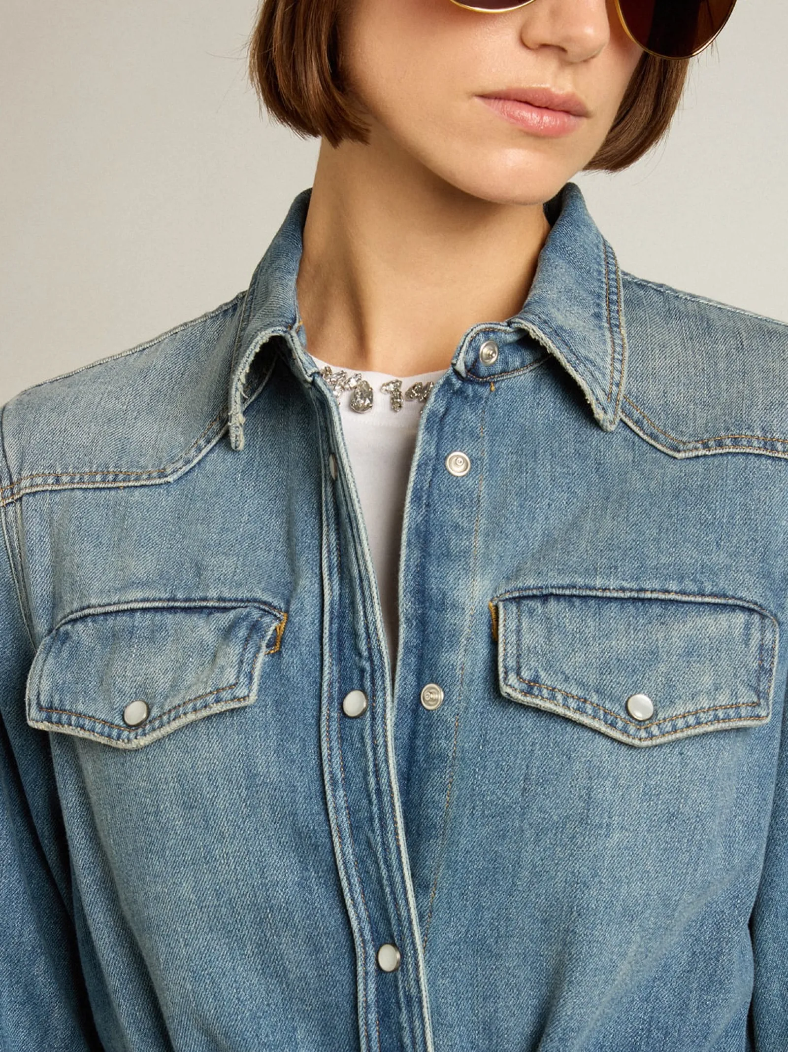 Hot Golden Goose Vestido chemise de jeans feminino com cinto Cor: azul