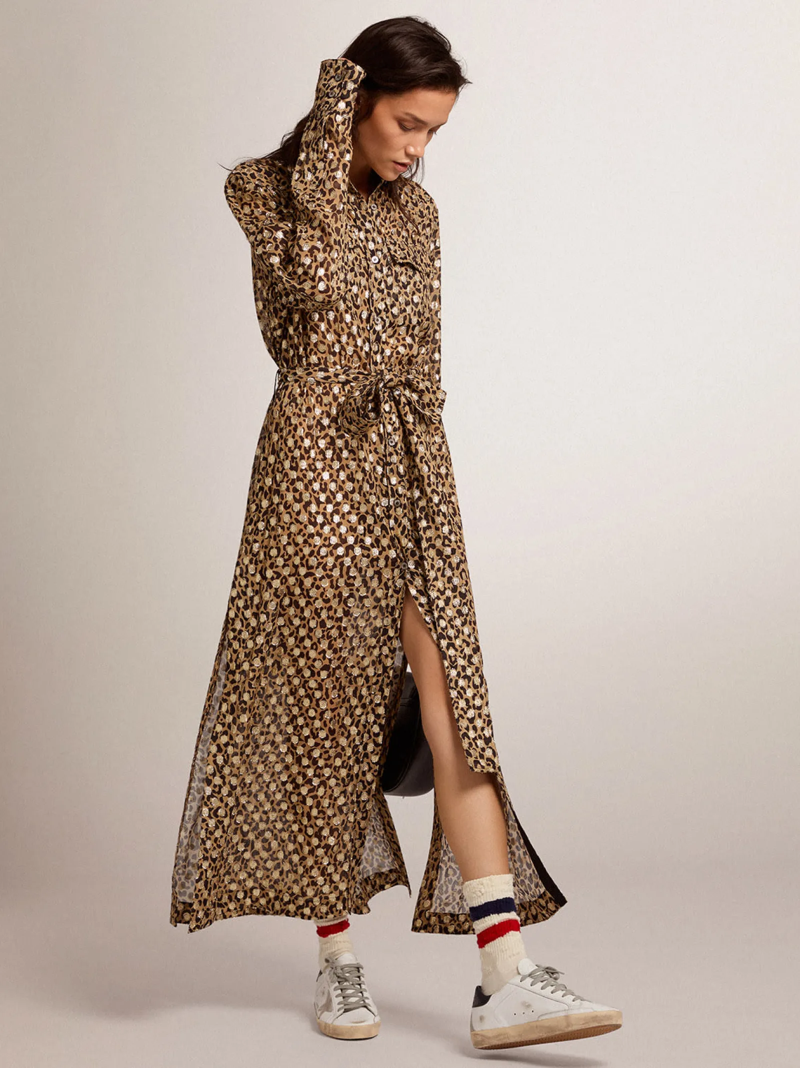 Best Golden Goose Vestido chemise feminino com estampa animal print e fio coupé dourado Cor: animal print e ouro