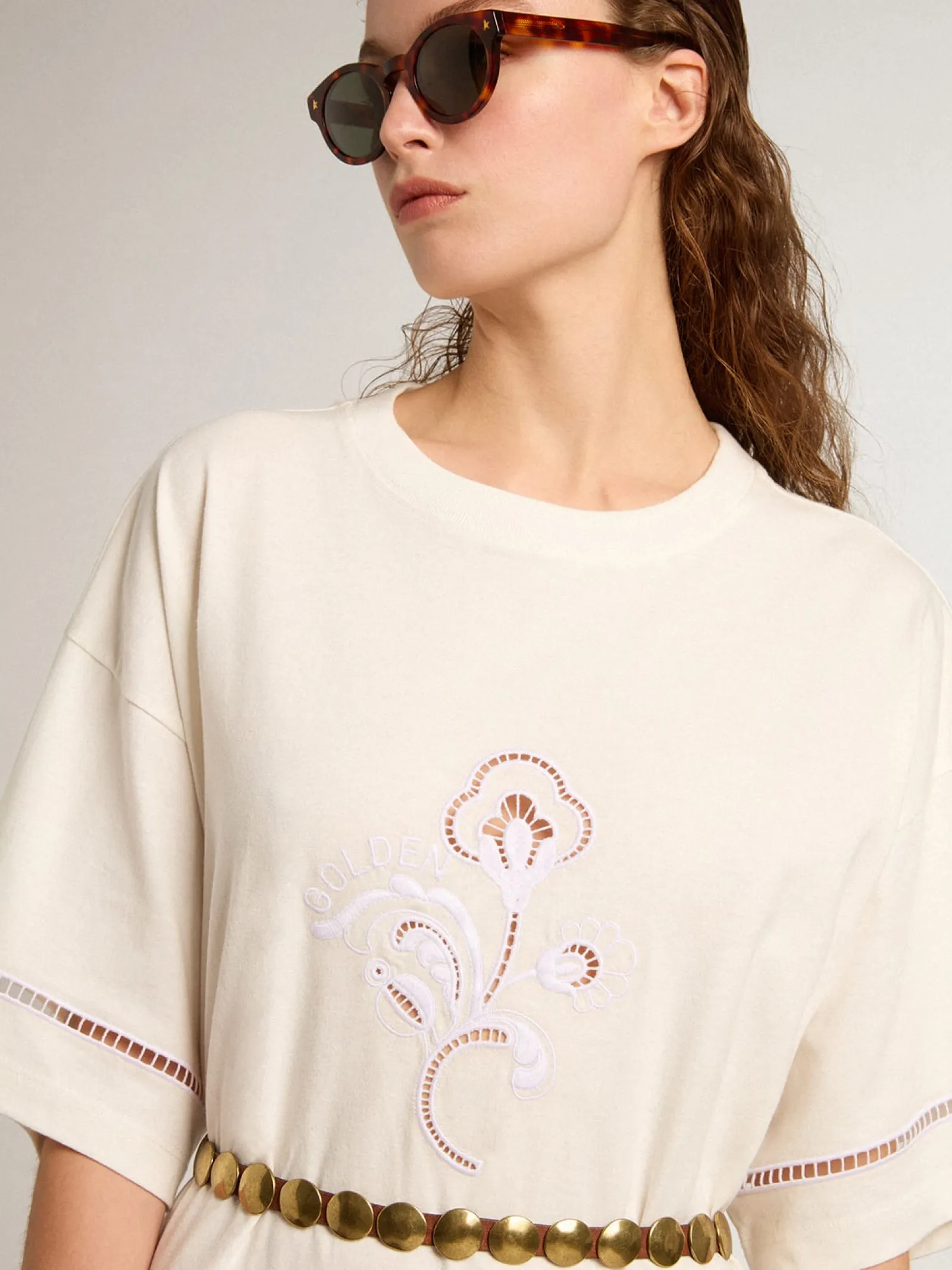 Best Sale Golden Goose Vestido t-shirt de algodão branco com cinto Coleção Resort